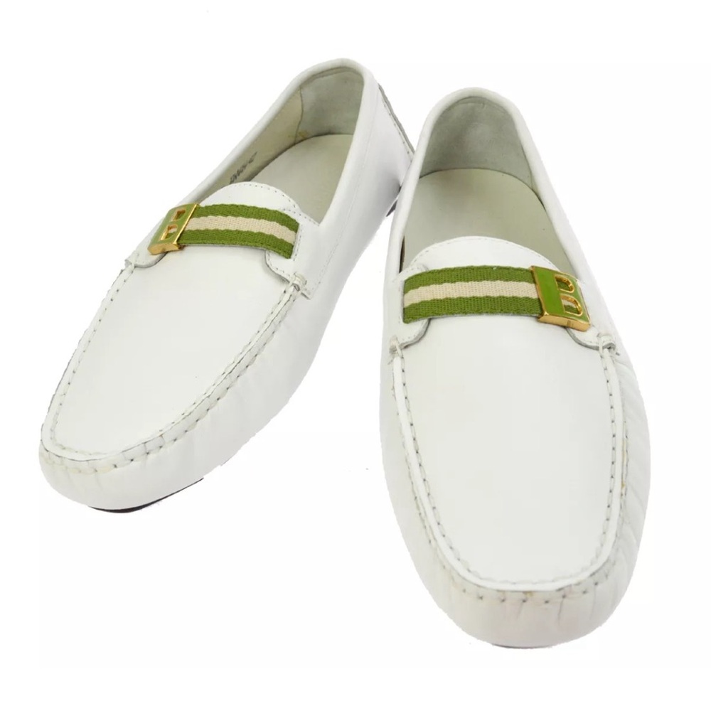 Brand new Bally White Leather Loafers with Olive Green Stripe and Gold Buckle